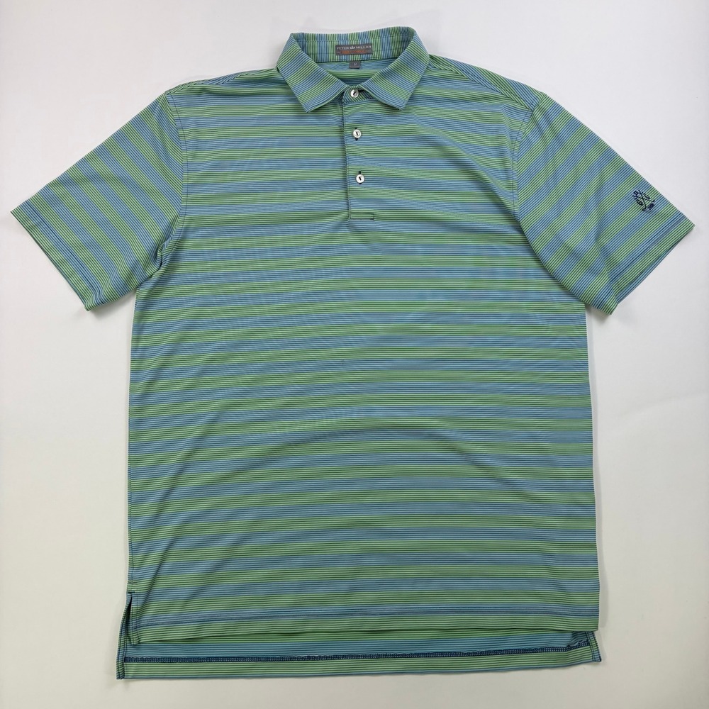 Peter Millar Summer Comfort Polo Men M Green Blue Striped Golf Shirt ShortSleeve